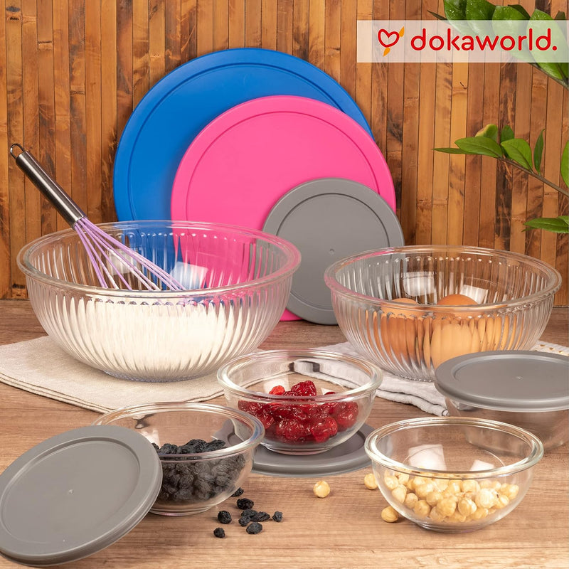 Collapsible Glass Mixing Bowls - 5 Stackable with Lids Microwave Safe Bamboo Salad  Baking Bowls