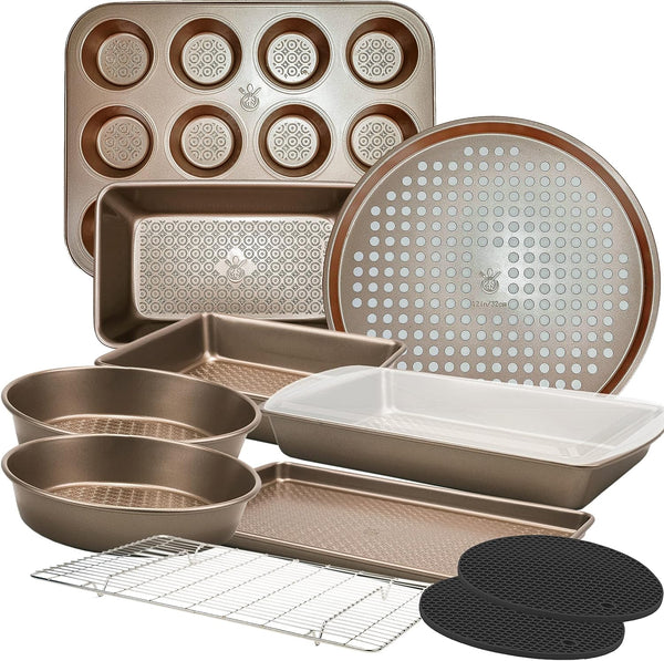 12-PC Nonstick Bakeware Set - Heavy Duty Professional Baking Pans in Champagne Gold