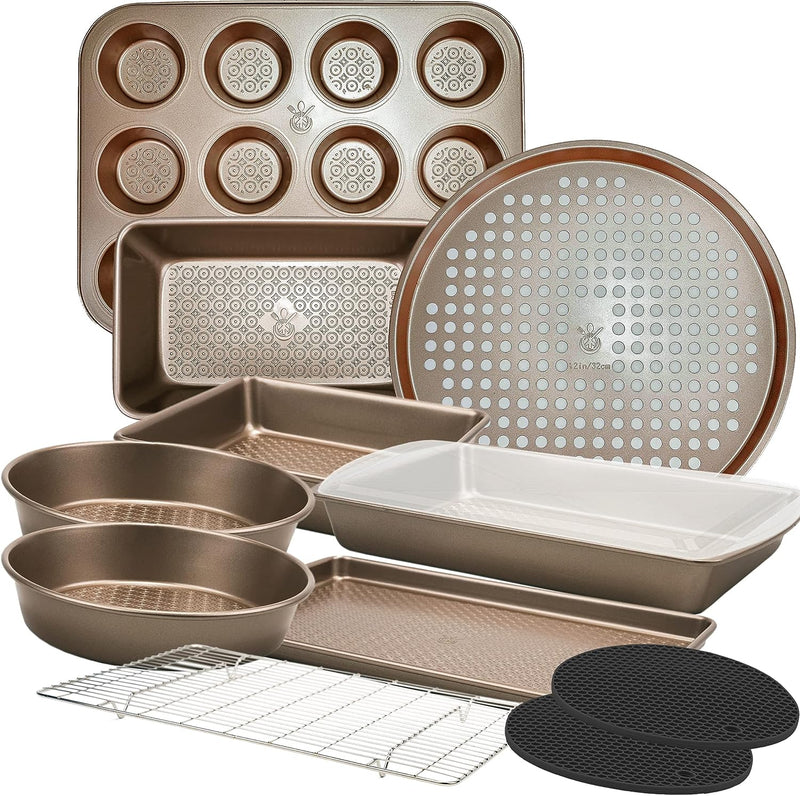 12-PC Nonstick Bakeware Set - Heavy Duty Professional Baking Pans in Champagne Gold