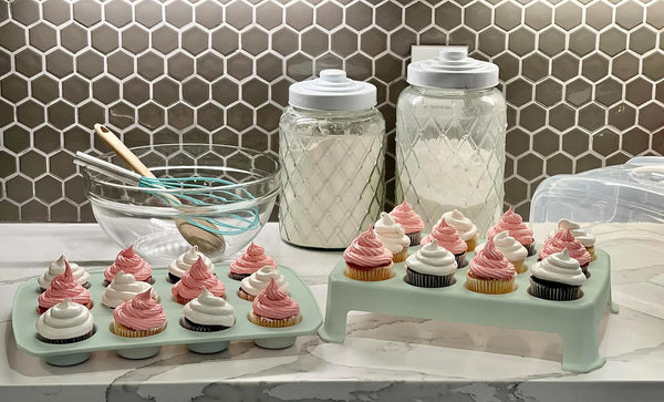 Top Shelf Elements Cupcake Carrier - White 24-Cup Capacity Durable Two Tier Stand with Reusable Box Green