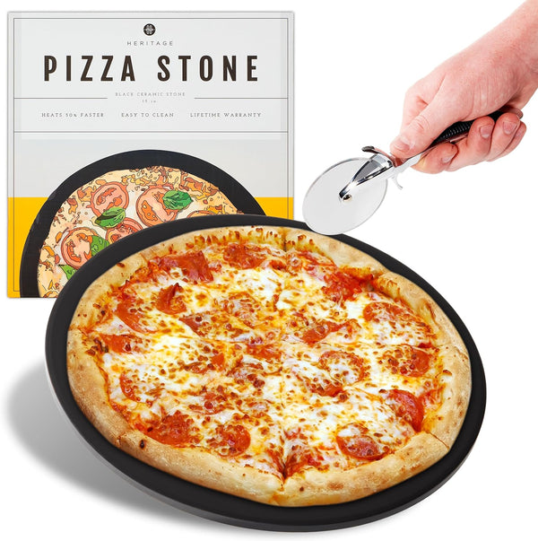 15 Ceramic Pizza Stone Set with Bonus Cutter - Non-Stick Stain-Free - Black
