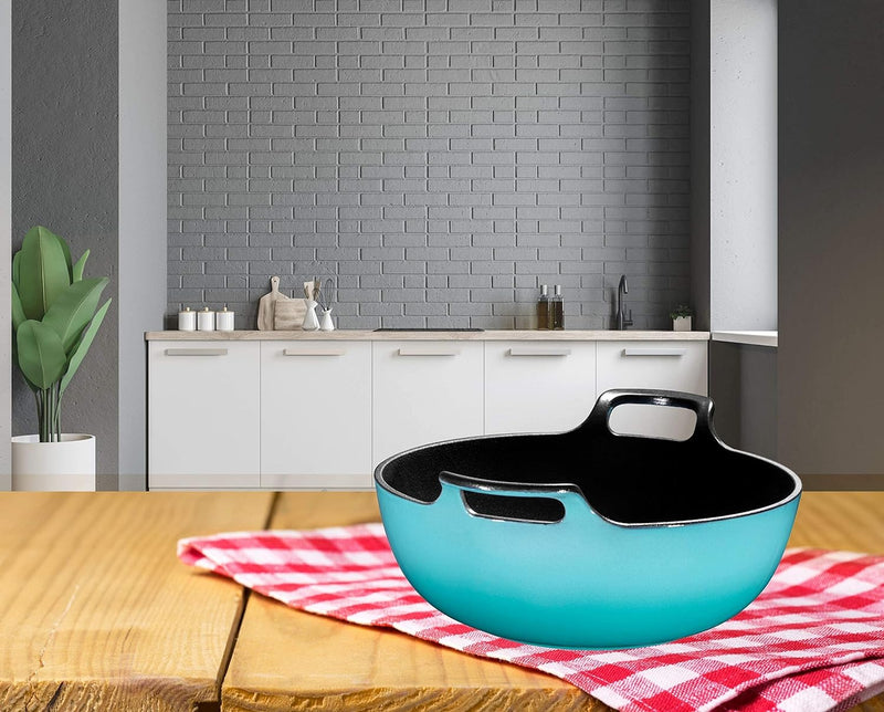 3 Qt Enamel Cast Iron Balti Dish  Nonstick Handi for Curry and Stir Fry  Asian Wok and Dutch Oven  Turquoise