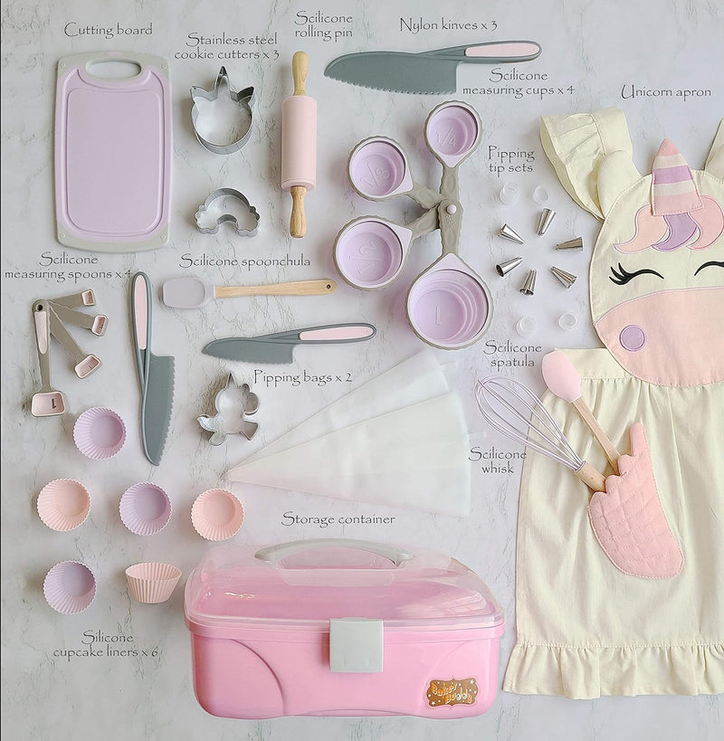 Unicorn Kids Baking Set with Storage Case Real Utensils Cookie Cutters and Supplies  Unicorn Apron