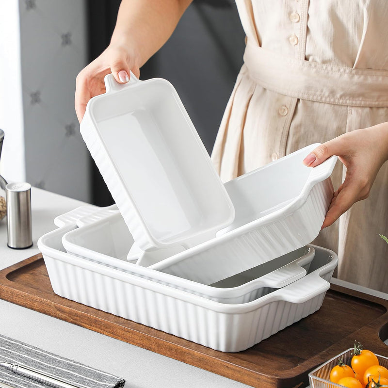 BakeBake Porcelain Casserole Dish Set with Handles and Deep Lasagna Pans in White