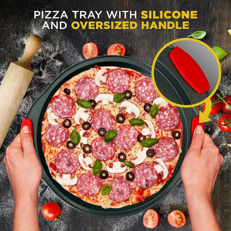 Non-Stick Pizza Tray with Silicone Handle and Perforated Holes - Premium Bakeware for Easy Cooking and Cleaning - NCBPIZ6