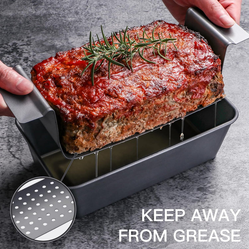 HONGBAKE Nonstick Meatloaf Pan with Drain Tray and Insert 9 x 5 Inches - Grey