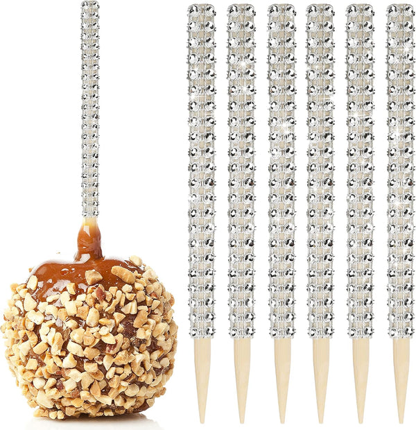 Bling Candy Apple Bamboo Sticks - 32 PCS Wooden Skewers with Rhinestone Diamond Mesh Wrap for Fruit Treats and Dessert Table Silver