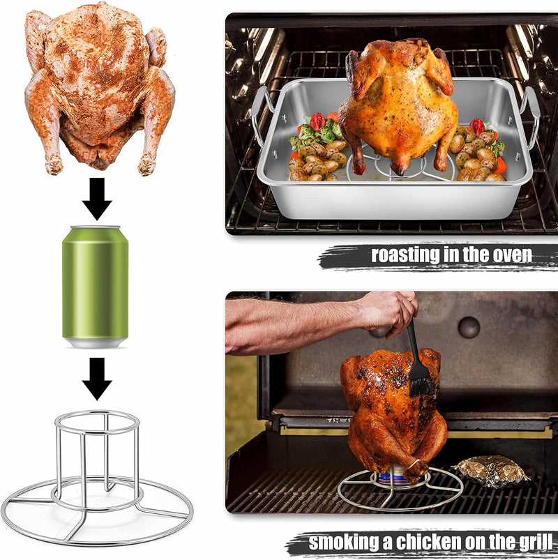 TeamFar Roasting Pan - Stainless Steel Turkey Roaster with V-Rack Cooling Rack Beer Can Chicken Holder Meat Claws and Silicone Brush