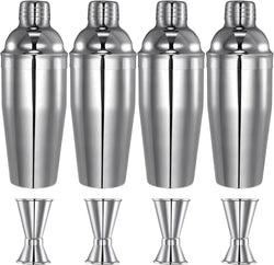 4 Packs Cocktail Shaker Set Martini Shaker Bulk Stainless Steel Martini Mixer with Strainer Drink Shaker with Double Measuring Jigger for Bar Party Home Use Wine Shaker Bar Mixing Tool (18 oz/ 550 ml)