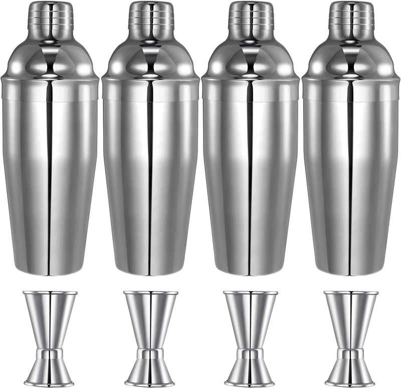 4 Packs Cocktail Shaker Set Martini Shaker Bulk Stainless Steel Martini Mixer with Strainer Drink Shaker with Double Measuring Jigger for Bar Party Home Use Wine Shaker Bar Mixing Tool (18 oz/ 550 ml)