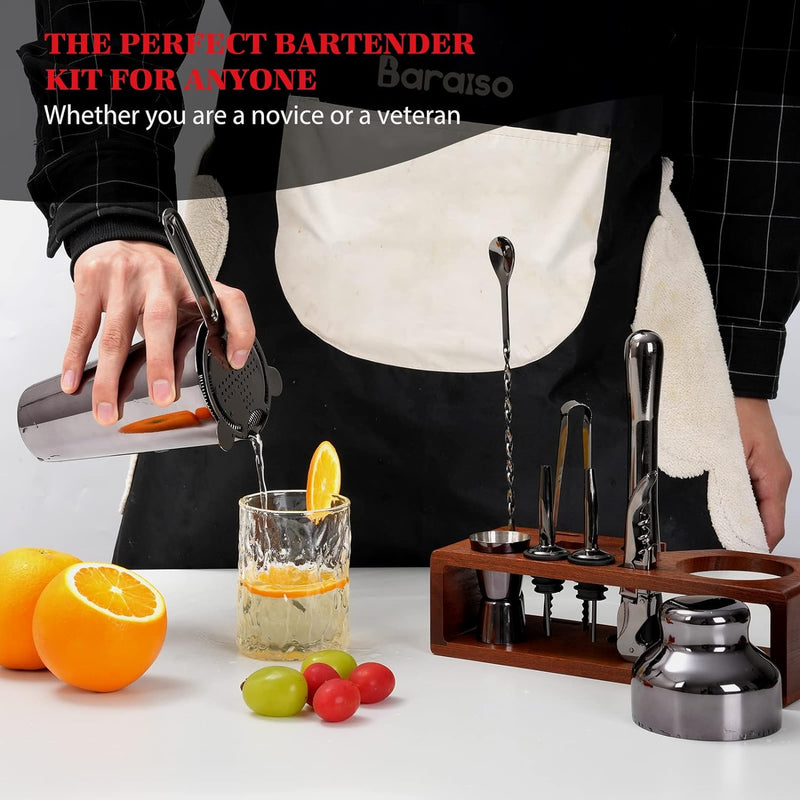 Baraiso Cocktail Shaker Set, Bartender Kit with Strainer, Bar Tool Set with Mahogany Stand, Bar Accessories for The Home Bar Set - Black