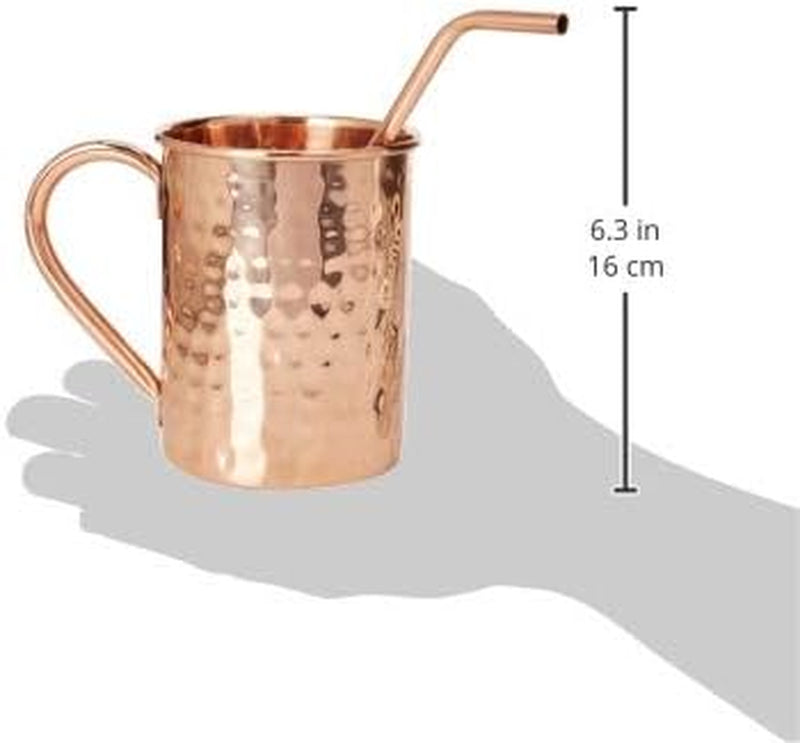 Gift Set Pure Copper Hammered Mugs with Copper Straws & Wooden Coasters Set of 4 - PREMIUM QUALITY -16 Oz Copper Mug - 100% Handcrafted - A Gift Pack for your loved Ones.