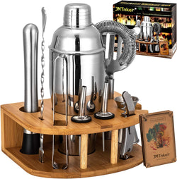 Cocktail Shaker Set with Stand | Perfect Bartender Kit for Home and Bar-Bar Tools Set: 24oz Martini Shaker, Muddler, Jigger, Strainer, Mixer Spoon, Tongs, Corkscrew, 2 Liquor Pourers, Recipes Cards