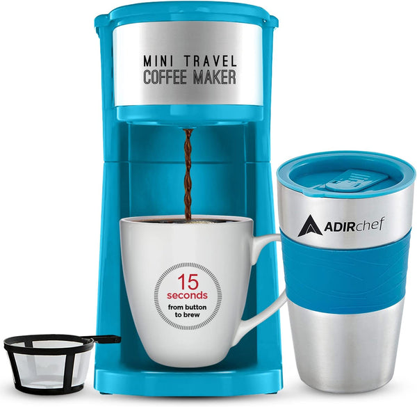 AdirChef Mini Coffee Maker - Single Serve Coffee Maker, 15 oz. Travel Coffee Mug Coffee Tumbler & Reusable Coffee Filters - Ideal for Home, Office, Outdoor & More - Blue