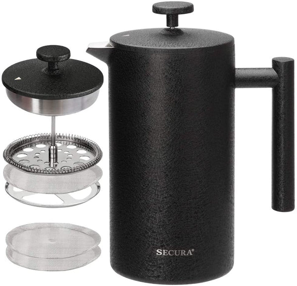 Secura French Press Coffee Maker, 304 Grade Stainless Steel Insulated Coffee Press with 2 Extra Screens, 34oz (1 Litre), Black