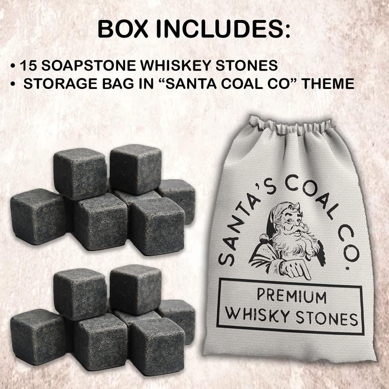 15 Whiskey Stones in Gift Box w/Sack - Naughty List Christmas Stocking Stuffers for Men. Bourbon Bar Gadget Gifts for Dad, White Elephant for Him Husband Boyfriend Adults. Soapstone Scotch Rocks