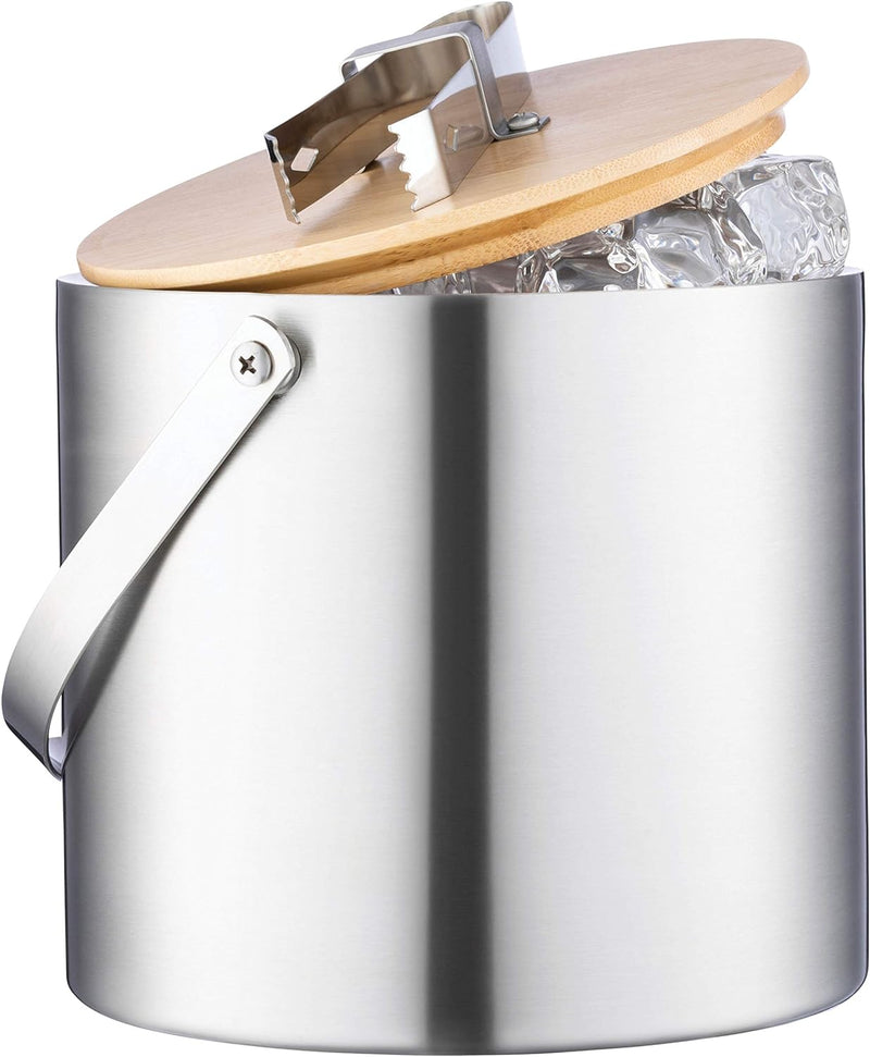 Double-Wall Stainless Steel Insulated Ice Bucket With Lid and Ice Tong [3 Liter] Included Strainer Keeps Ice Cold & Dry, Carry leather Handle, Great for Home Bar, Chilling Beer, Champagne, Wine Bottle