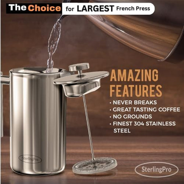 SterlingPro French Press Coffee Maker(1.75L)-Double Walled Large Coffee Press with 2 Free Filters-Enjoy Granule-Free Coffee Guaranteed, Stylish Rust Free Kitchen Accessory-Stainless Steel French Press