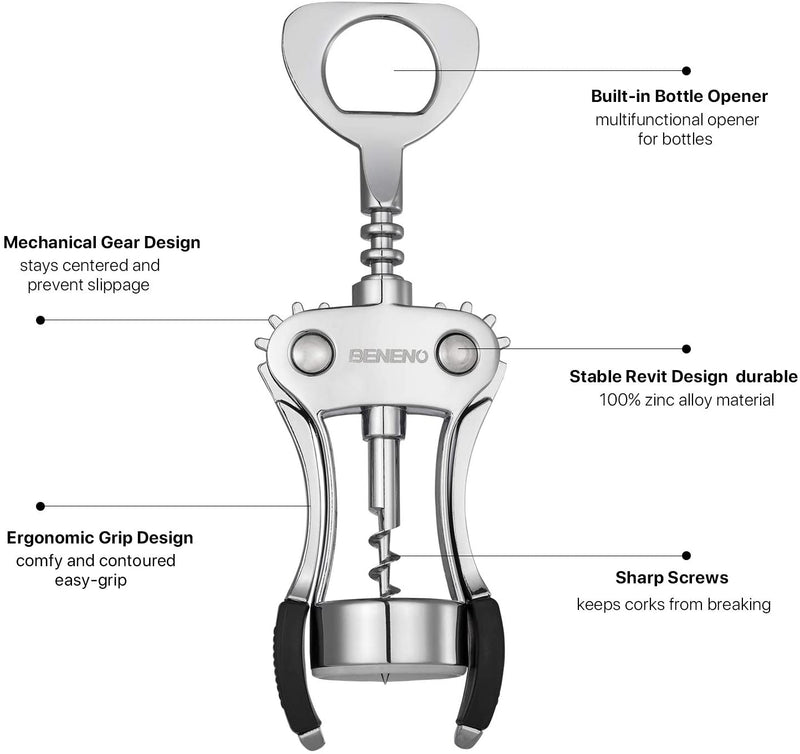 Wine Opener, Zinc Alloy Premium Wing Corkscrew Wine Bottle Opener with Multifunctional Bottles Opener, Upgrade