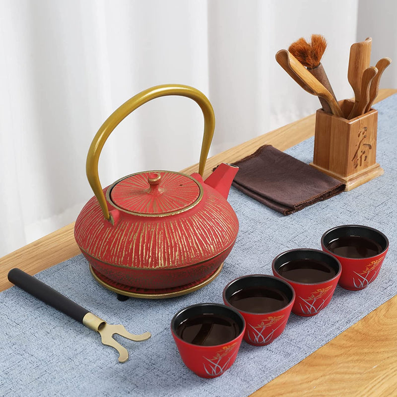 Tovacu Japanese Style Cast Iron Teapot Set With 4 Tea Cups Tea Infuser Trivet Tetsubin Tea Kettle Classic Red Gold Tea Set for Women Adult Mother Father Gift (800 Milliliter/28 Ounce)