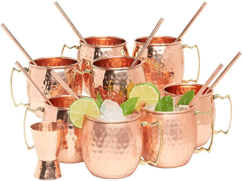 Kitchen Science [Gift Set] Moscow Mule Copper Mugs Set of 6 (16oz) w/Straws & Jigger | 100% Pure Copper Cups, Tarnish-Resistant Food Grade Lacquered Finish, Ergonomic Handle (No Rivet) w/Solid Grip