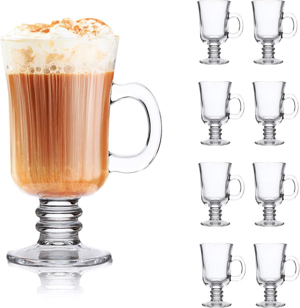 QAPPDA 8oz Coffee Mug, Glass Mugs With Handle,Clear Cups With Handle,Glass Cup Tea Cup Drinkware For Beer,Juice,Beverages,High Base Glass Latte Cups Cappuccino Mugs,Irish Coffee Mugs Set of 8 KTZB22…