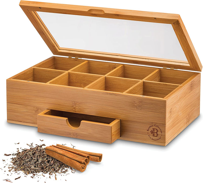 Tea Bag Organizer - Tea Organizer: Wooden Tea Box with 8 Compartments, Acrylic Window, and Magnetic Lid, Made of Bamboo - Keeps Tea Bags Fresh (Tea Not Included) - Ideal Christmas Gifts