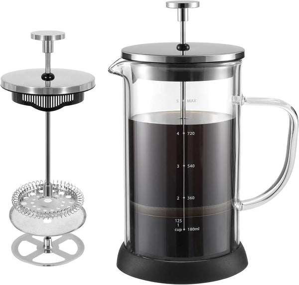 VEVOK CHEF French Press Coffee Tea Maker Heat Resistant Glass 4 Level Filtration System Borosilicate Glass Coffee Press Glass Teapot Large Coffee Pot 34 Oz no grounds