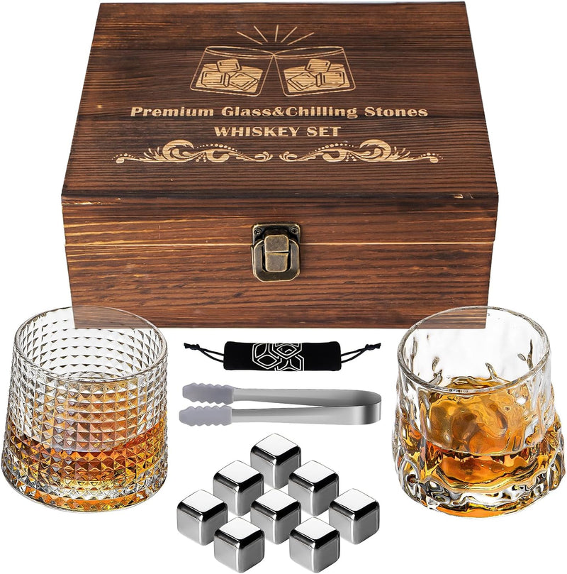 13 in 1 Whiskey Glasses Set Gifts for Men, Whiskey Stones Bourbon Drinking Glass with Wooden Gift Box, Cocktails Scotch Cups Birthday Gift Set for Him