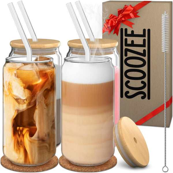 Scoozee Glass Cups with Bamboo Lids and Straws (18oz, Set of 4) Iced Coffee Cup for Ice Coffee Bar Accessories | Aesthetic Cute Drinking Glasses for Home Essentials Housewarming Gift