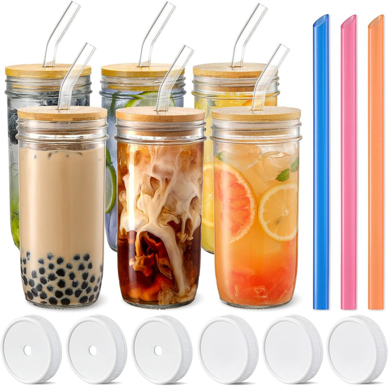 4 Pack Glass Cups Set - 24oz Mason Jar with Bamboo Lids and Glass Straw & 2 Airtight Lids - Cute Boba Drinking Glasses, Reusable Travel Tumbler Bottle for Iced Coffee, Smoothie, Bubble Tea, gift