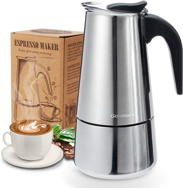 Godmorn Stovetop Espresso Maker, Moka Pot, Percolator Italian Coffee Maker, 300ml/10oz/6 cup (espresso cup=50ml), Classic Cafe Maker, stainless steel , suitable for induction cookers