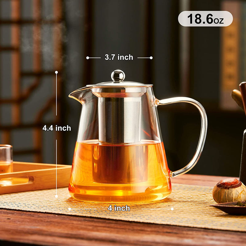 PARACITY Glass Teapot Stovetop 18.6 OZ, Borosilicate Clear Tea Kettle with Removable 18/8 Stainless Steel Infuser, Teapot Blooming and Loose Leaf Tea Maker Tea Brewer for Camping, Travel (550ML)