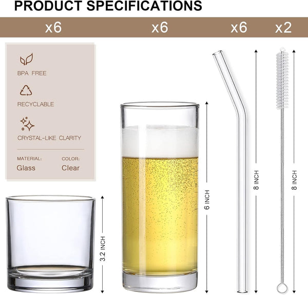 [ 12 Pack ] Glass Cups with Glass Straws, 12oz Highball & Rock Drinking Glasses, Everyday Drinkware Glasses Set, Cute Tumbler Cup, Kitchen Glasses for Iced Coffee, Water, Beer, Cocktail, Whiskey, Gift