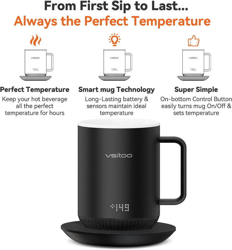 VSITOO S3 Temperature Control Smart Mug 2 with Lid, Self Heating Coffee Mug 10 oz, LED Display, 90 Min Battery Life - App&Manual Controlled Heated Coffee Mug - Improved Design - Perfect Coffee Gifts