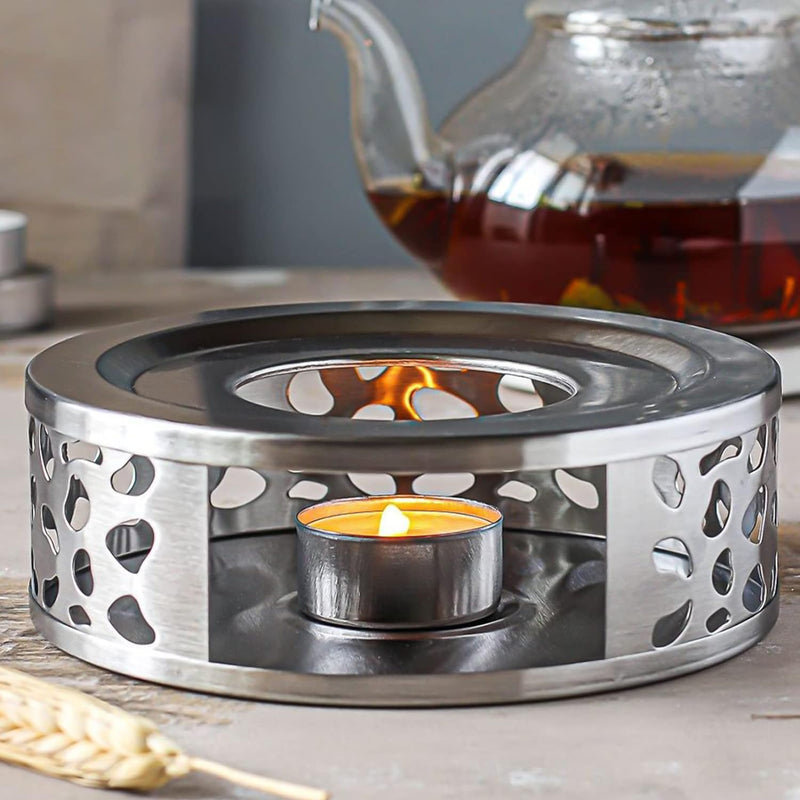 KEILEOHO 3 PCS Teapot Warmer, Stainless Steel Teapot Warmer, Metal Teapot Heater with Tealight Candle Holder, Brushed Coffee Tea Warmer Base for Glass or Ceramic Teapot, Silver