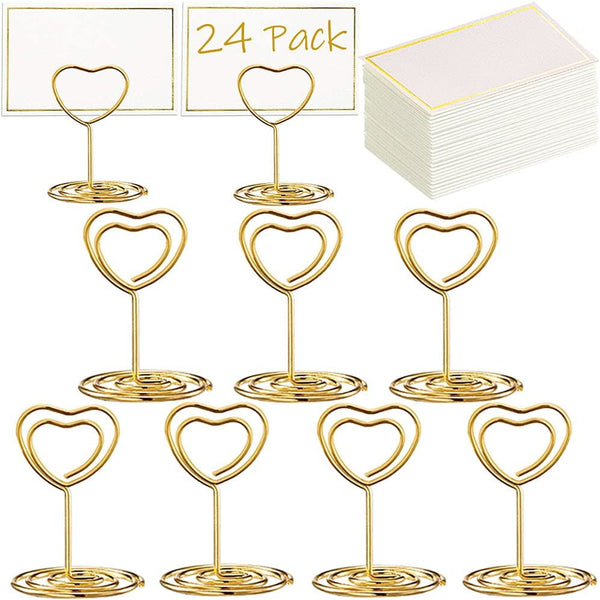 24 Pcs Mini Place Card Holders and 24 Pcs Place Cards with Gold Foil Border, Table Number Stand with Heart Shape, Table Card Holder Photo Picture Holder Memo Menu Clips for Wedding, Birthday