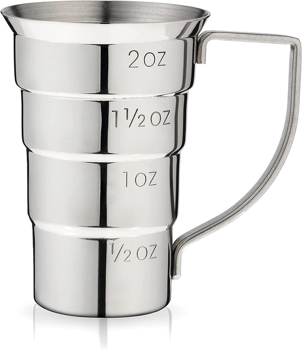 Viski Stepped Jigger with Handle, 4 Markings, Measuring Cup for Cocktail Recipes, 0.5 oz, 1 oz, 1.5 oz, & 2 oz, Stainless Steel, Set of 1, Silver