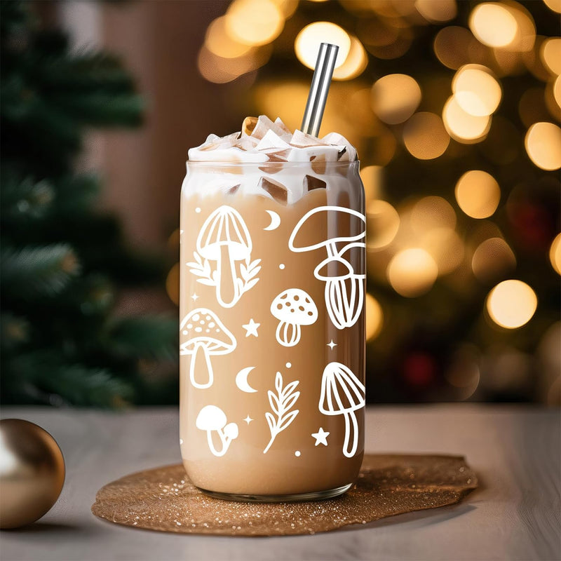 GSPY Mushroom Cup, Mushroom Gifts, Mushroom Glass Coffee Cup with Lid & Straw, Cute Mushroom Stuff, Cute Cups Aesthetic Mushroom Mug Tumbler - Mushroom Gift, Christmas Drinking Gifts for Women