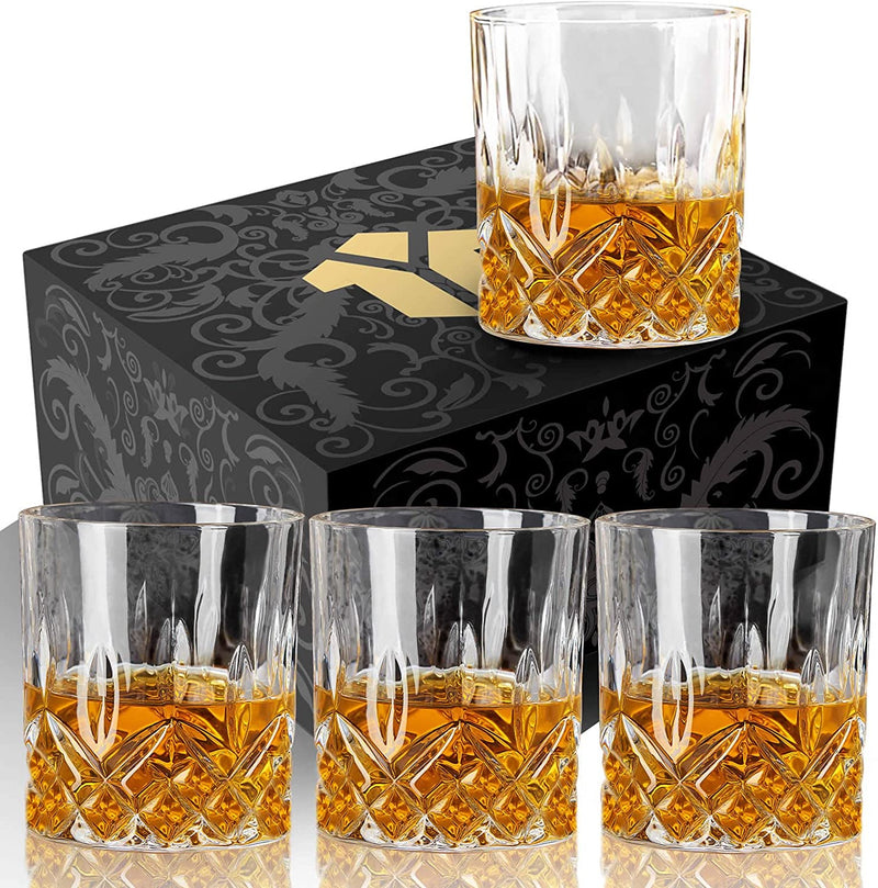 OPAYLY Whiskey Glasses Set of 4, Rocks Glasses, 10 oz Old Fashioned Tumblers for Drinking Scotch Bourbon Whisky Cocktail Cognac Vodka Gin Tequila Rum Liquor Rye Gift for Men Women at Home Bar