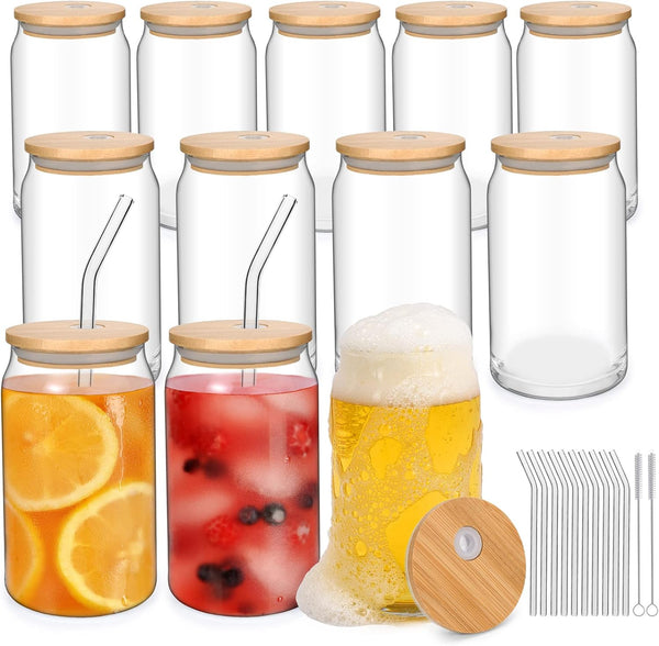 Drinking Glasses with Bamboo Lids and Glass Straw-16oz Can Shaped Glass Cups,Beer Glasses,Iced Coffee Glasses,Ideal for Cocktail,Whiske,Soda,Bubble Tea,Juicing,Smoothies(12pcs Set+2 Cleaning Brushes