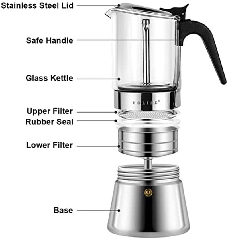 YOLIFE Premium Crystal Glass Top Stovetop Espresso Moka Pot - 9 Cups Stainless Steel Coffee Maker 360ml/12.7oz