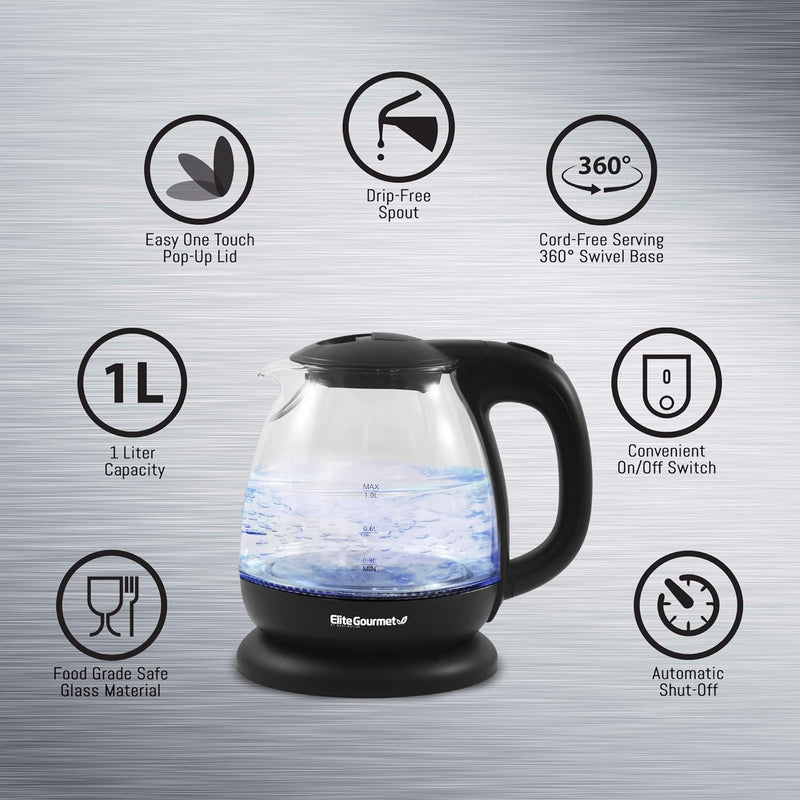 Elite Gourmet EKT1001 Electric 1.0L BPA-Free 1100W Glass Kettle Cordless 360° Base, Stylish Blue LED Interior, Handy Auto Shut-Off Function – Quickly Boil Water For Tea & More, Black