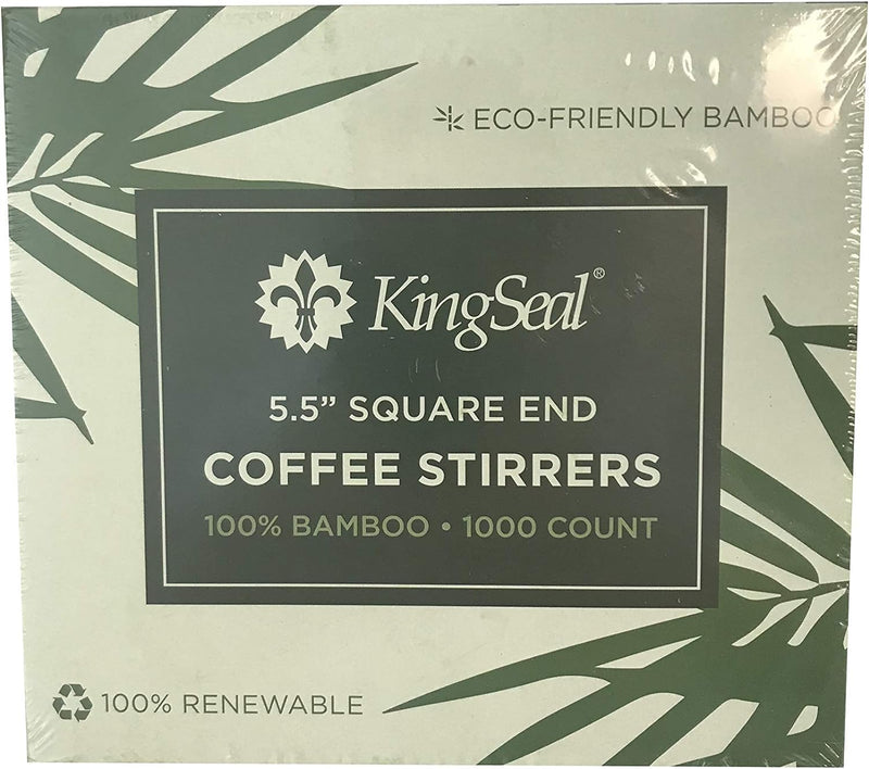 KingSeal Bamboo Coffee Stir Sticks, 5.5 inches, Square End, Stronger and Thicker Than Standard Wood, 100% Renewable and Biodegradable - 1 Box of 1000 Stirrers