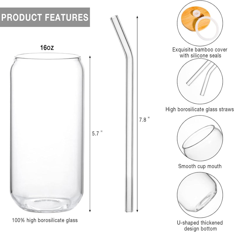 Kxuhivc 1 Pack Glass Cup, 16oz Drinking Glass with Bamboo Lid and Straw, Beer Glass Tumbler for Mojito Soda Smoothies Whiskey Iced Coffee Cocktail Tea Juice