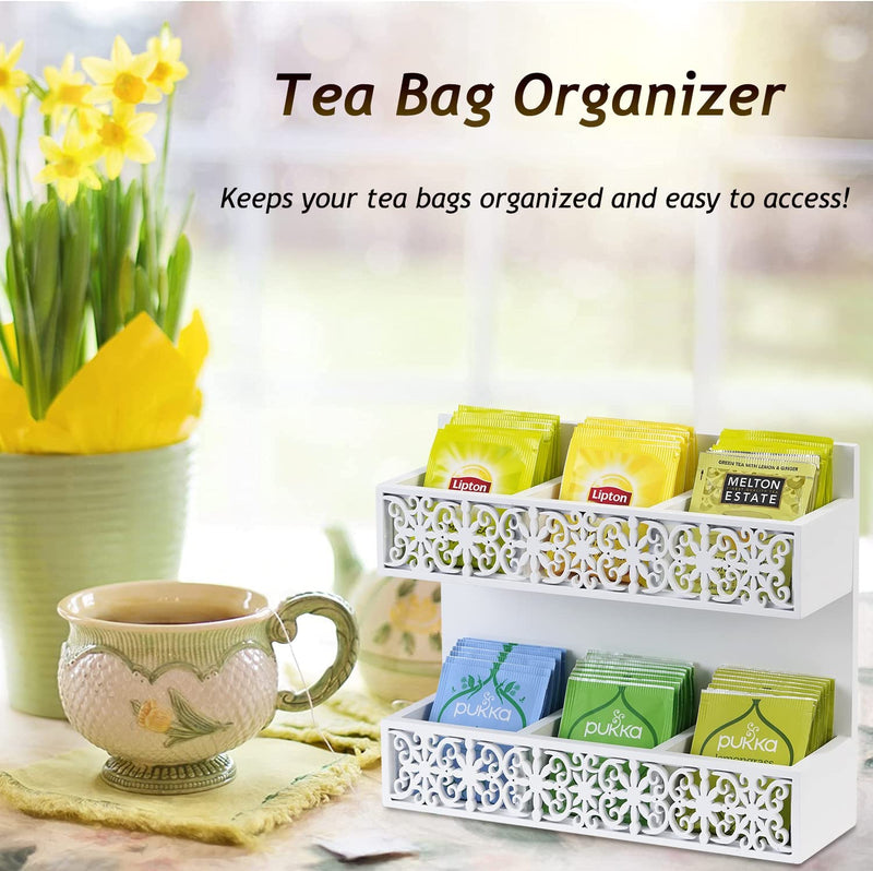 QILICHZ Tea Bag Organizer 2 Tier Wood Tea Bags Holder Wall Mounted Tea Box for Tea Bags Organizer Rustic Tea Chests for Tea Storage Coffee Display for Café, Home, Office