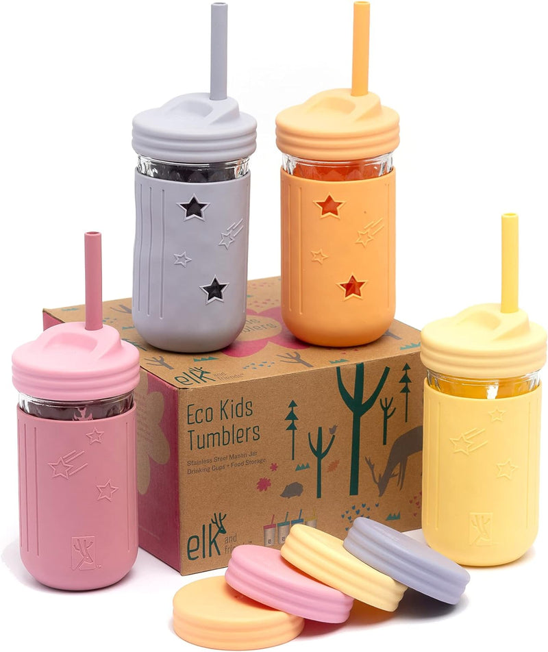 Elk and Friends Smoothie Cups For Kids & Toddler | The Original Glass Mason Jars 12 oz with Silicone Sleeves & Straws |Spill Proof|