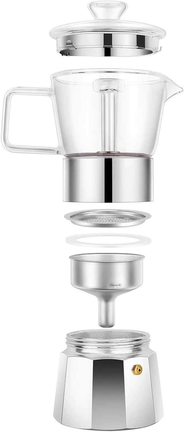 Geesta Moka Pot Premium Crystal Glass-Top Stovetop Espresso Moka Pot - 6 cup - Coffee Maker, 240ml/8.5oz/6 cup (espresso cup=40ml) Coffee Lover Gifts Ideas