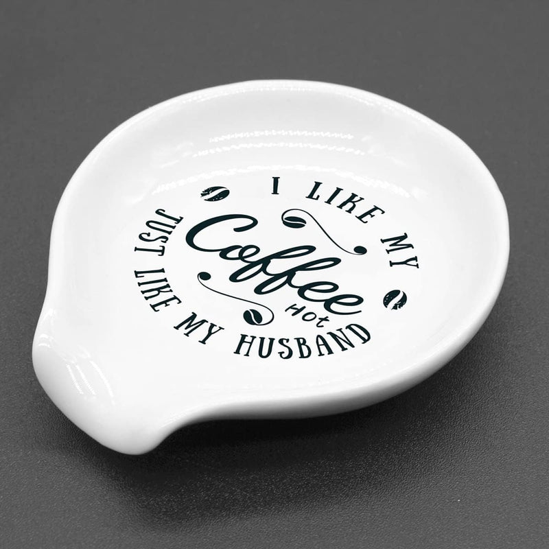 Uhealik Funny Coffee Quote Ceramic Coffee Spoon Holder-Coffee Spoon Rest -Coffee Station Decor Coffee Bar Accessories-Coffee Lovers Gift for Women and Men (I Like My Coffee Hot Just Like My Husband)