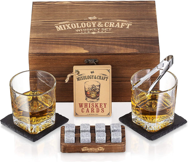 Mixology Whiskey Stones Gift Set for Men - Pack of 2, 10 oz Whiskey Glasses w/ 8 Granite Chilling Rocks, 2 Coasters, Metal Tong & Cocktail Cards in Wooden Box - Square